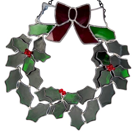 Handmade Vintage 12" Stained Glass Christmas Holiday Wreath Green/Red Decor - Picture 2 of 9
